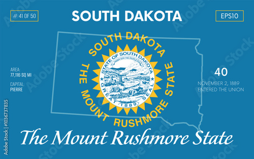 Vector poster background of the US state of South Dakota, with name, map borders, state flag design, nickname, order number and date of admission to the Union, capital, area. Illustration 41 of 50. 
