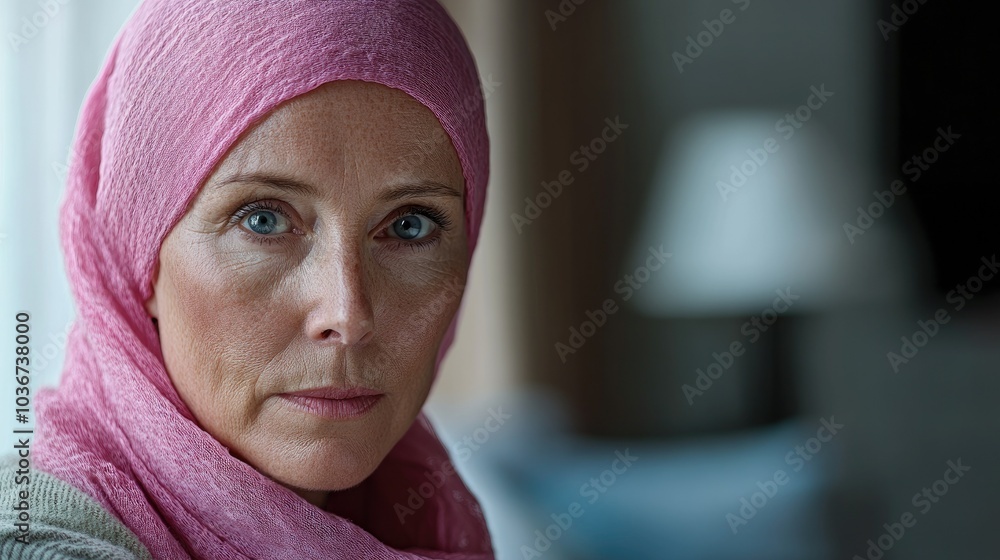 A older woman with cancer, wearing a pink scarf, looks directly into the camera Breast Cancer support A older woman with cancer, wearing a pink scarf, looks directly into the camera Breast Cancer support