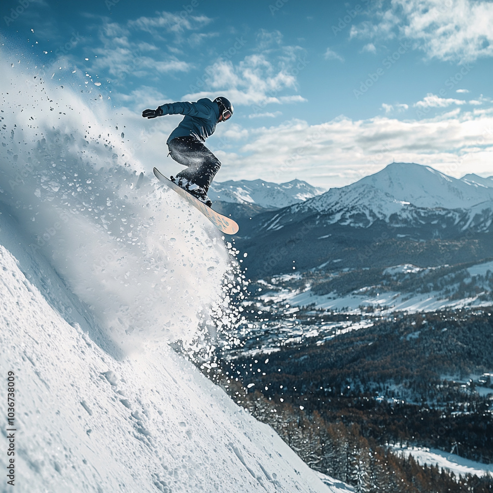 Naklejka premium 雪の斜面を滑走するスノーボーダー