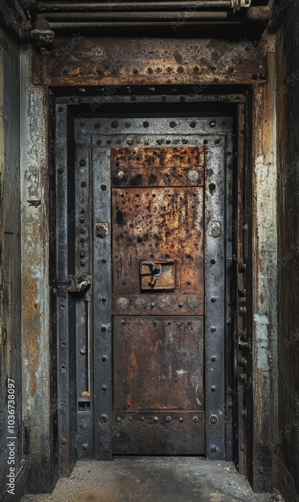 Rusty, metal door with lock in old building. Rusty, metal door with lock in old building.