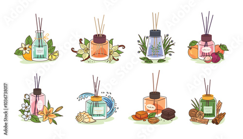 Reed sticks diffuser perfume types. Aroma glass bottles with citrus, oriental spices, fresh grass, fruits and gourmand fragrances notes. Flowers, aquatic and woody perfumes vector illustration set.