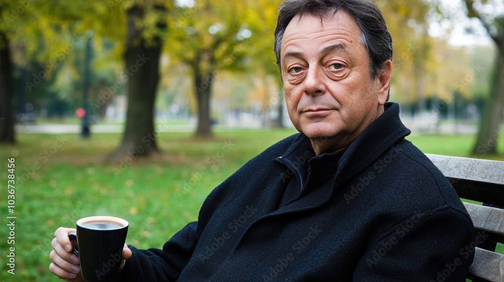 Middle-aged man with slight tremor holding cup of coffee on park bench, symbolizing struggle with Parkinson's disease, calm natural setting. Middle-aged man with slight tremor holding cup of coffee on park bench, symbolizing struggle with Parkinson's disease, calm natural setting.