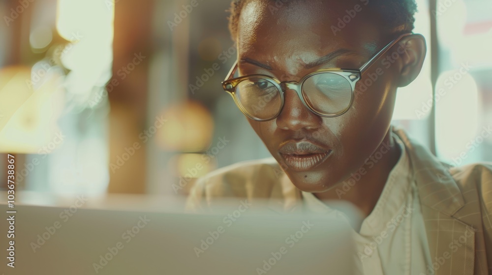 Workspace with a laptop and a woman wearing glasses, focused on reading emails or researching online, actively proofreading an article for a digital platform Workspace with a laptop and a woman wearing glasses, focused on reading emails or researching online, actively proofreading an article for a digital platform