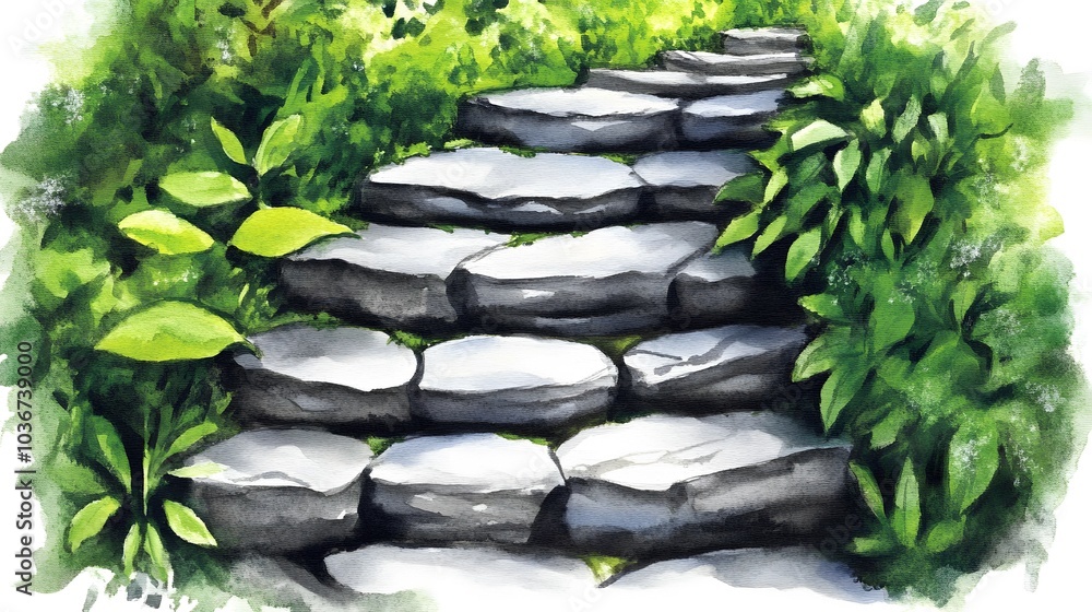 Stone Pathway Through Lush Green Garden with Plants Stone Pathway Through Lush Green Garden with Plants