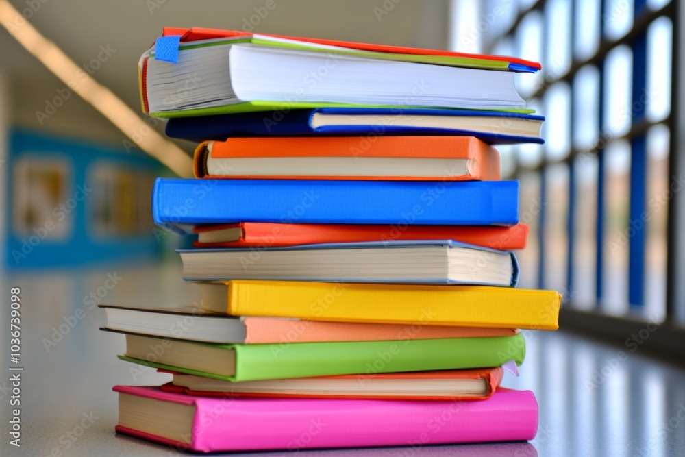 Stack of colorful books on a table. books are of different sizes and colors, and they are piled on top of each other. Concept of organization and order, as the books are neatly stacked and arranged Stack of colorful books on a table. books are of different sizes and colors, and they are piled on top of each other. Concept of organization and order, as the books are neatly stacked and arranged