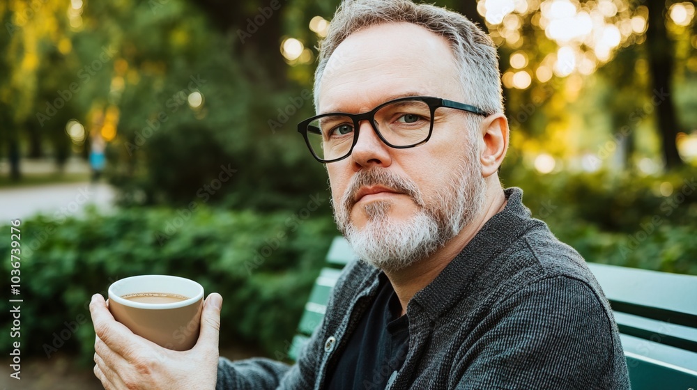 Middle-aged man with slight tremor holding cup of coffee on park bench, symbolizing struggle with Parkinson's disease, calm natural setting. Middle-aged man with slight tremor holding cup of coffee on park bench, symbolizing struggle with Parkinson's disease, calm natural setting.