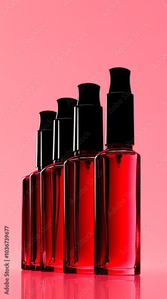 A sleek row of high-end perfume bottles in rich fuchsia tones on a glossy matching background, with a minimalist yet bold design that exudes modern luxury. A sleek row of high-end perfume bottles in rich fuchsia tones on a glossy matching background, with a minimalist yet bold design that exudes modern luxury.