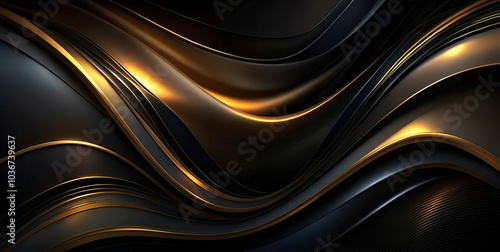 A futuristic, abstract wallpaper with sleek, flowing black and gold curves