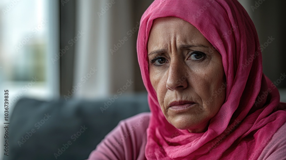 A older woman with cancer, wearing a pink scarf, looks directly into the camera Breast Cancer support A older woman with cancer, wearing a pink scarf, looks directly into the camera Breast Cancer support