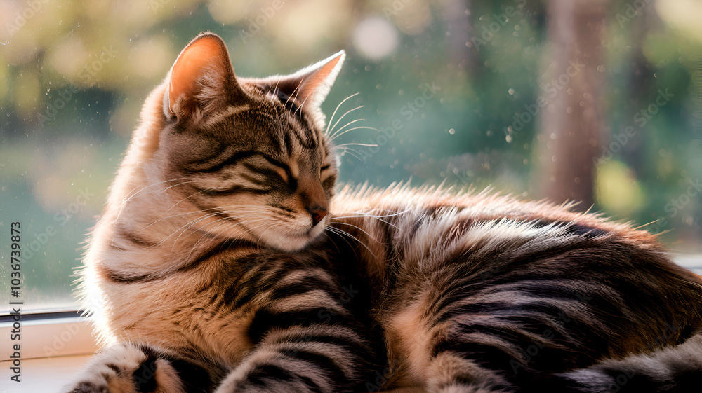 Fototapeta premium Cat relaxing by the window, soft sunlight