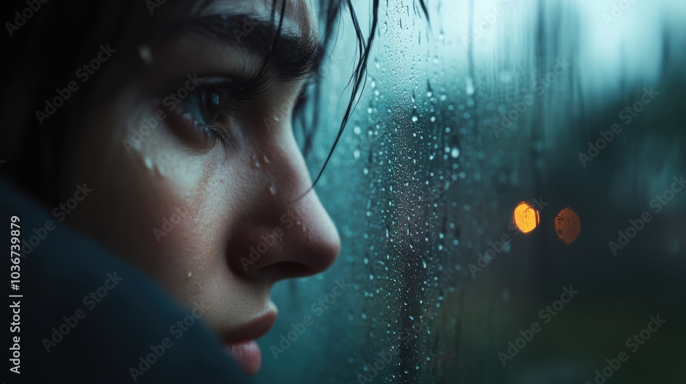 Introspective Gaze Through Rainy Window Introspective Gaze Through Rainy Window