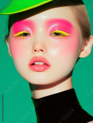 A vibrant closeup of a Japanese model with neon pink eyeshadow and soft glossy lips, gracefully elegant, with acid yellow eyeliner complementing her porcelain skin and soft green lighting.