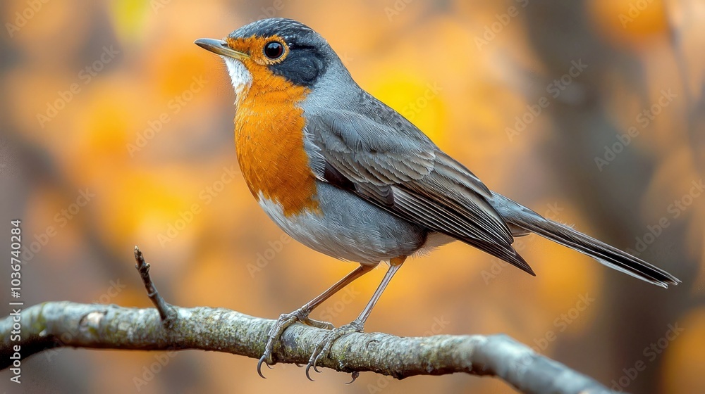 Fototapeta premium A small robin perched on a branch with an autumnal background.