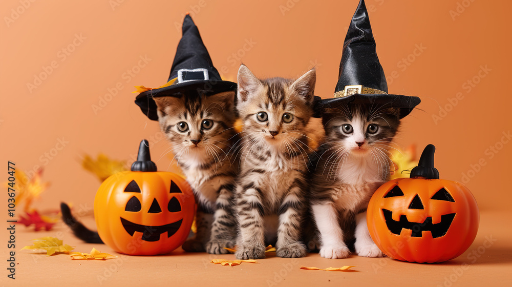 A couple of cute cats in Halloween costumes with pumpkins next to them, orange background, the cat on the left is wearing a witch hat, and the cat on the right is surrounded by jack-o'-lanterns. A couple of cute cats in Halloween costumes with pumpkins next to them, orange background, the cat on the left is wearing a witch hat, and the cat on the right is surrounded by jack-o'-lanterns.
