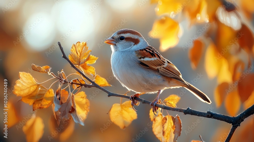 A small sparrow perched on a branch with yellow leaves, bathed in warm autumn light. A small sparrow perched on a branch with yellow leaves, bathed in warm autumn light.