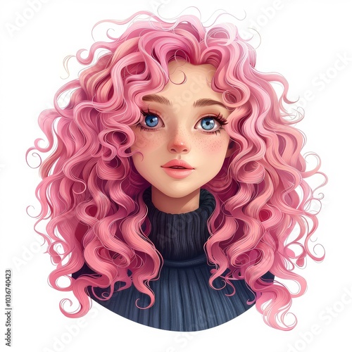 Digital artwork of a young woman with voluminous pink hair and captivating blue eyes