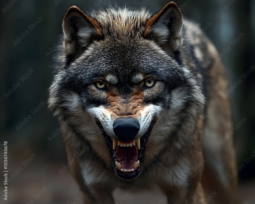 Fierce Snarling Wolf Face with Exposed Fangs and Bristling Fur Exuding Primal Ferocity Fierce Snarling Wolf Face with Exposed Fangs and Bristling Fur Exuding Primal Ferocity