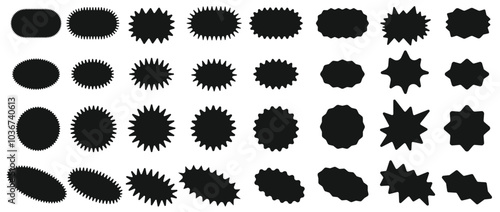 Sunburst sticker shapes. Rounded starburst zigzag badge, spiky oval, circle and star shaped price tag, discount and sale label stickers. Jagged silhouettes vector set.
