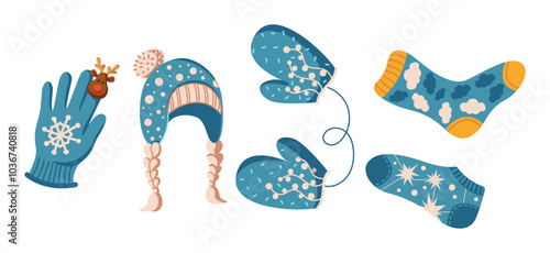 Winter must have clothing accessories flat color vector objects set. Cozy woolen hat mittens and socks illustrations pack on white