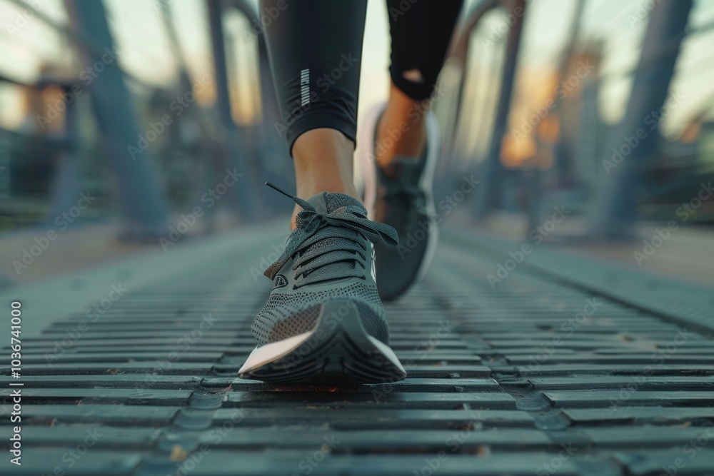 Fototapeta premium Preparing for a marathon workout, a woman training outdoors ties her shoes. Close-up of her sneakers as she gets ready for a cardio challenge
