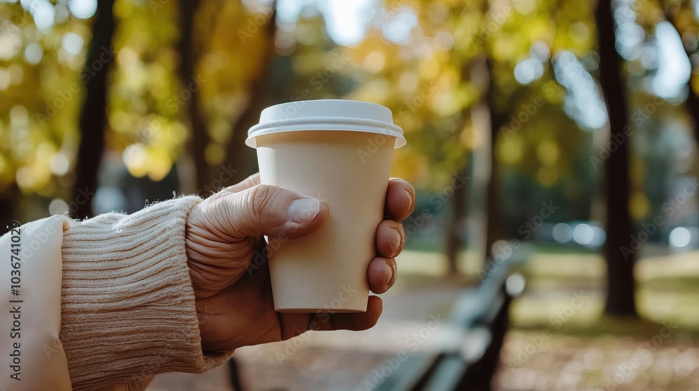 Middle-aged man with slight tremor holding cup of coffee on park bench, symbolizing struggle with Parkinson's disease, calm natural setting. Middle-aged man with slight tremor holding cup of coffee on park bench, symbolizing struggle with Parkinson's disease, calm natural setting.