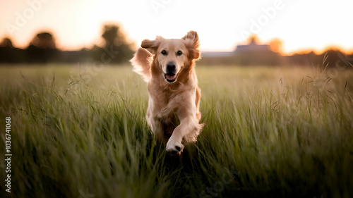 Golden retriever running in a grassy field