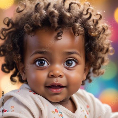 Charming curly haired baby with bright eyes and colorful background