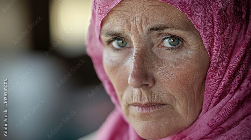 A older woman with cancer, wearing a pink scarf, looks directly into the camera Breast Cancer support A older woman with cancer, wearing a pink scarf, looks directly into the camera Breast Cancer support