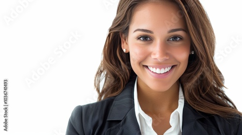 Smiling businesswoman with long brown hair.