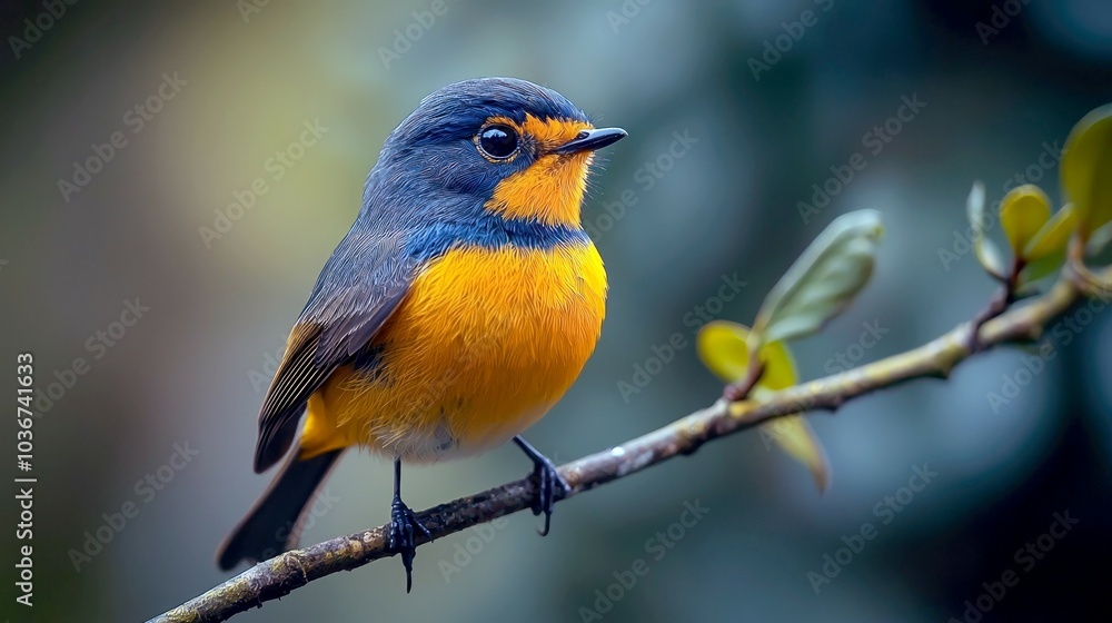 A small, brightly colored bird perches on a thin branch with blurred green foliage in the background. A small, brightly colored bird perches on a thin branch with blurred green foliage in the background.