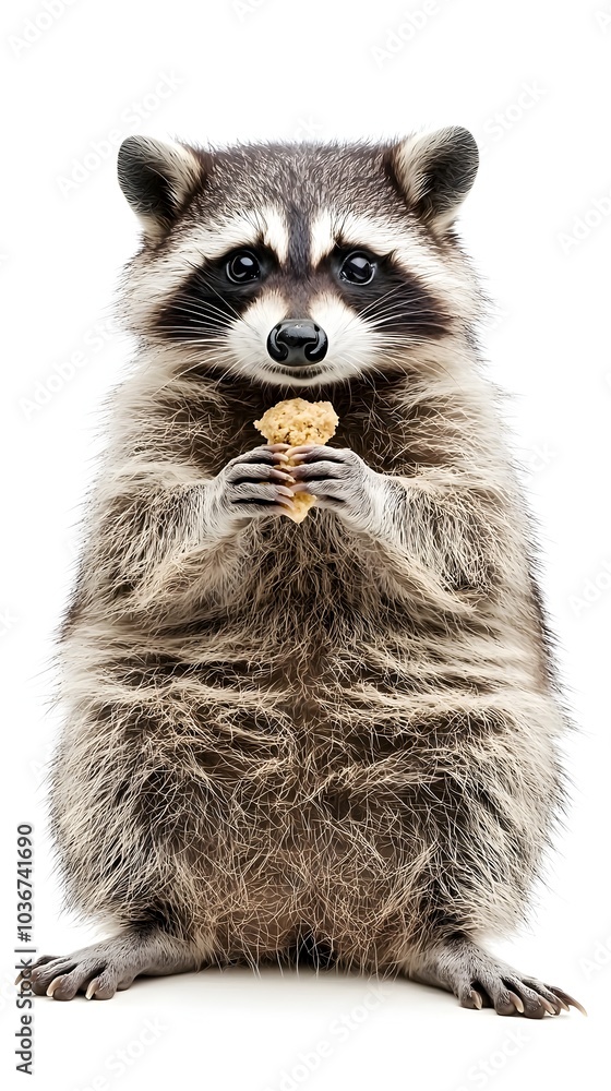 Chubby Raccoon with Food in Paws on White Background Chubby Raccoon with Food in Paws on White Background
