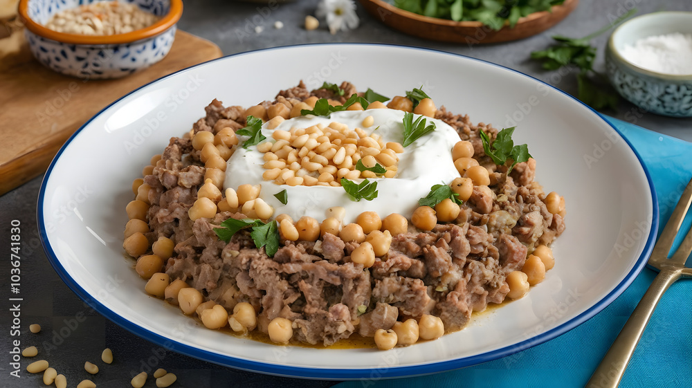 Masrouaa: Traditional Levantine dish of minced meat and chickpeas in a creamy yogurt sauce. Tender meat and chickpeas are garnished with pine nuts and parsley for added flavor.
Masrouaa: Traditional Levantine dish of minced meat and chickpeas in a creamy yogurt sauce. Tender meat and chickpeas are garnished with pine nuts and parsley for added flavor.