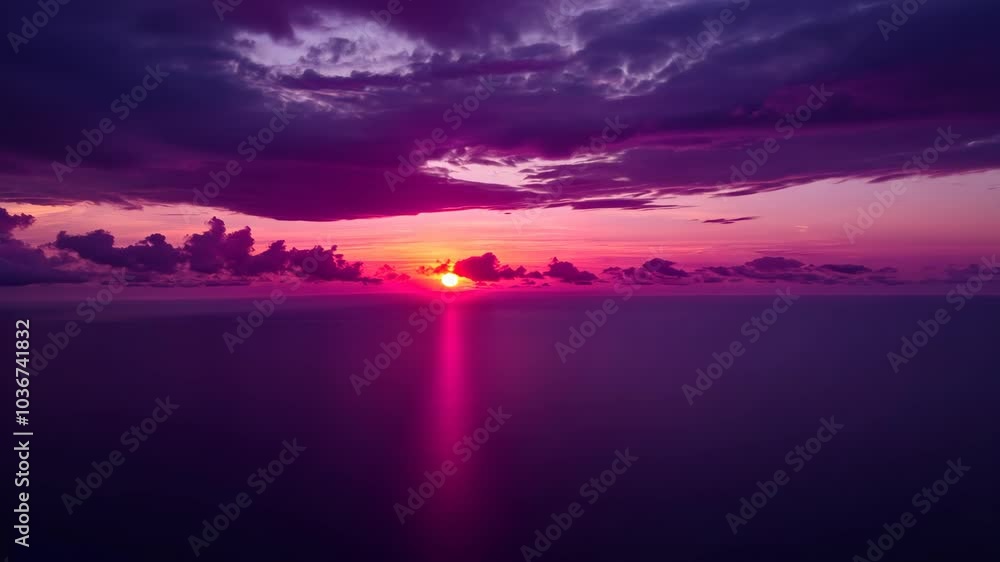 The sun sets over the ocean, casting a pink and purple glow on the clouds The sun sets over the ocean, casting a pink and purple glow on the clouds