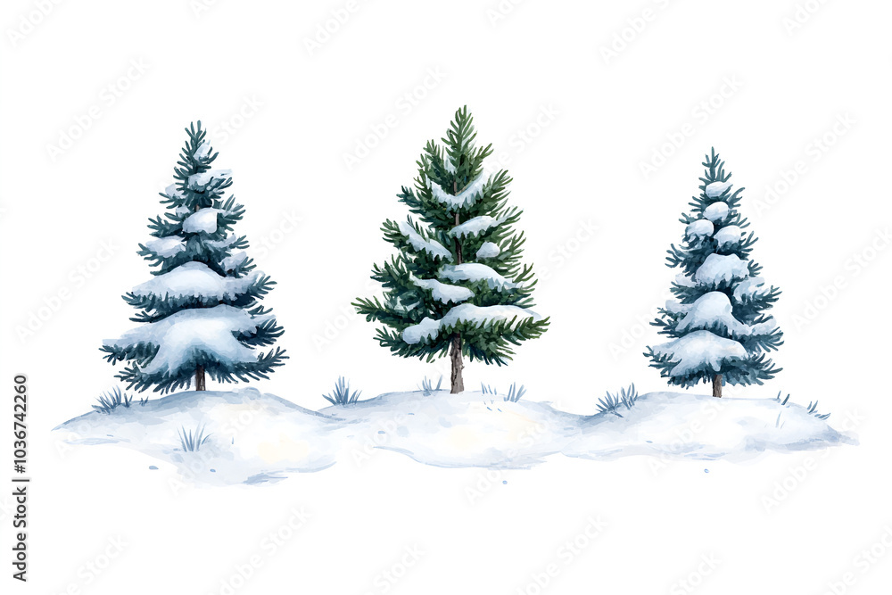 Snow-covered pine trees on white background Snow-covered pine trees on white background