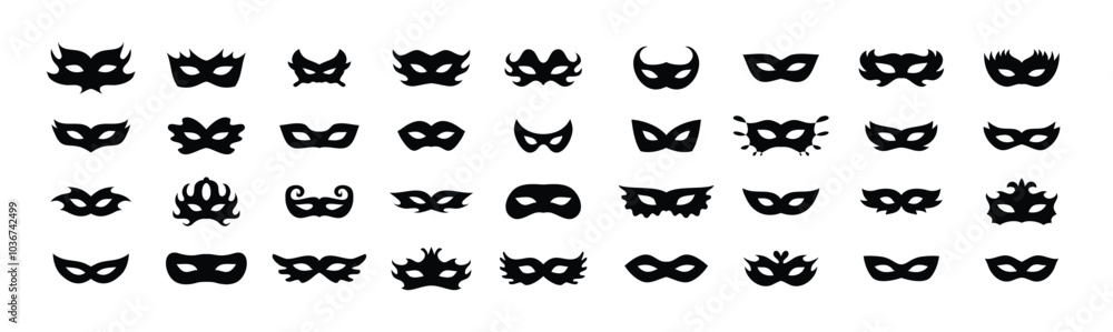 Carnival masks silhouettes icon set. Simple black icons masquerade mask, for party, parad, carnival, Halloween. Mask elements isolated sign, symbol Carnival masks silhouettes icon set. Simple black icons masquerade mask, for party, parad, carnival, Halloween. Mask elements isolated sign, symbol