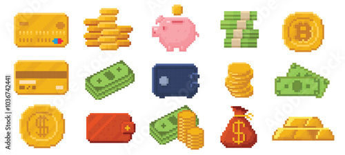 Pixel art money. Golden coins, cash banknotes, credit card, wallet, banking safe and piggy bank. Financial, savings and currency 8bit retro game vector icons set.