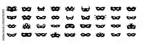 Carnival masks silhouettes icon set. Simple black icons masquerade mask, for party, parad, carnival, Halloween. Mask elements isolated sign, symbol