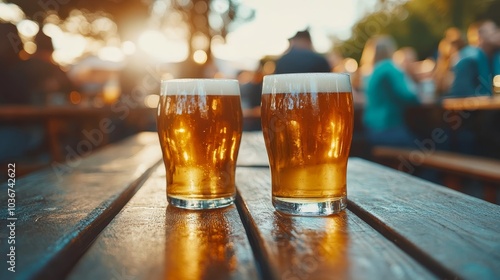 Golden Hour Beers: Cheers at Sunset, Happy Hour at the Outdoor Bar, Twilight Terrace Drinks,Sunset Beer at Oktoberfest photo