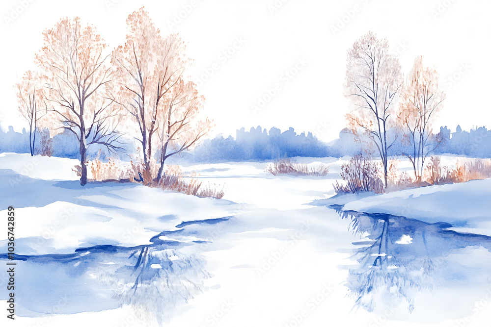 Winter scenery with trees and river reflection Winter scenery with trees and river reflection