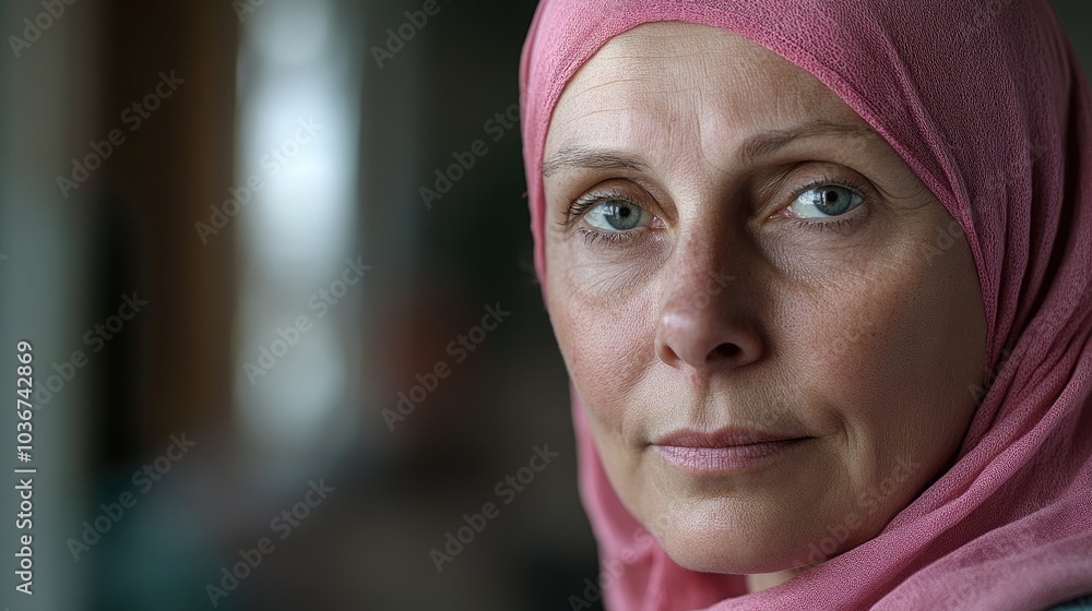 A older woman with cancer, wearing a pink scarf, looks directly into the camera Breast Cancer support A older woman with cancer, wearing a pink scarf, looks directly into the camera Breast Cancer support