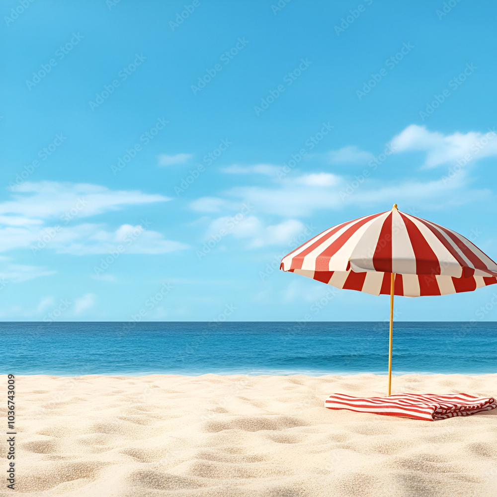 Beach umbrella on sandy shore by the ocean Beach umbrella on sandy shore by the ocean