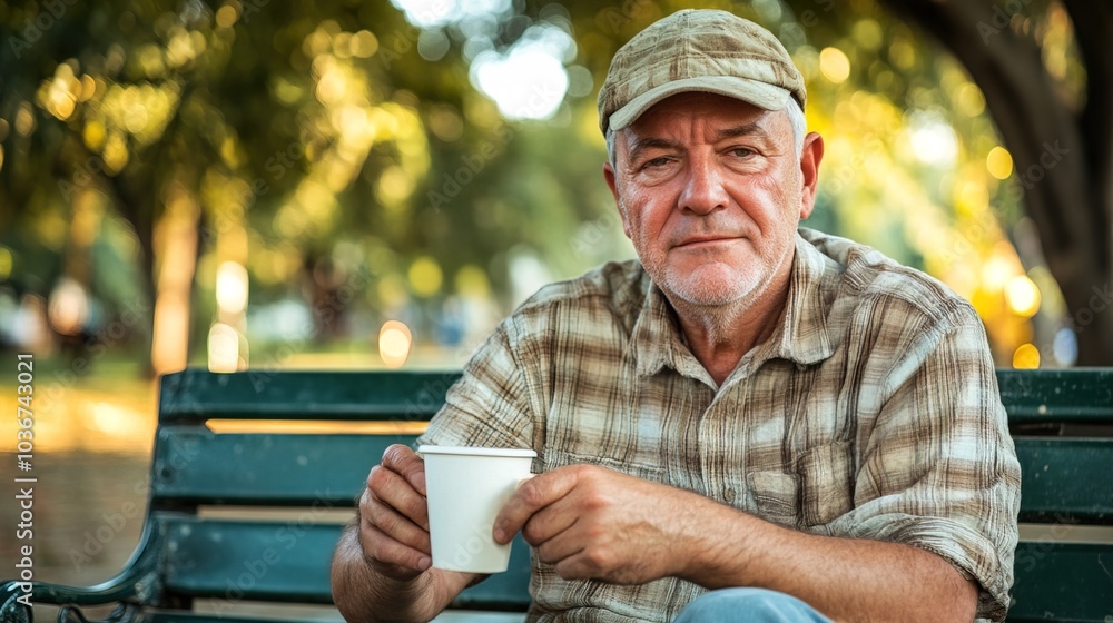 Middle-aged man with slight tremor holding cup of coffee on park bench, symbolizing struggle with Parkinson's disease, calm natural setting. Middle-aged man with slight tremor holding cup of coffee on park bench, symbolizing struggle with Parkinson's disease, calm natural setting.