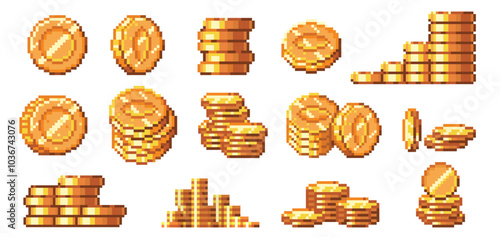 Pixel art golden coins. Retro 8bit gold coin stacks and piles, digital money and financial savings or cashback pixelated video game vector illustrations set.