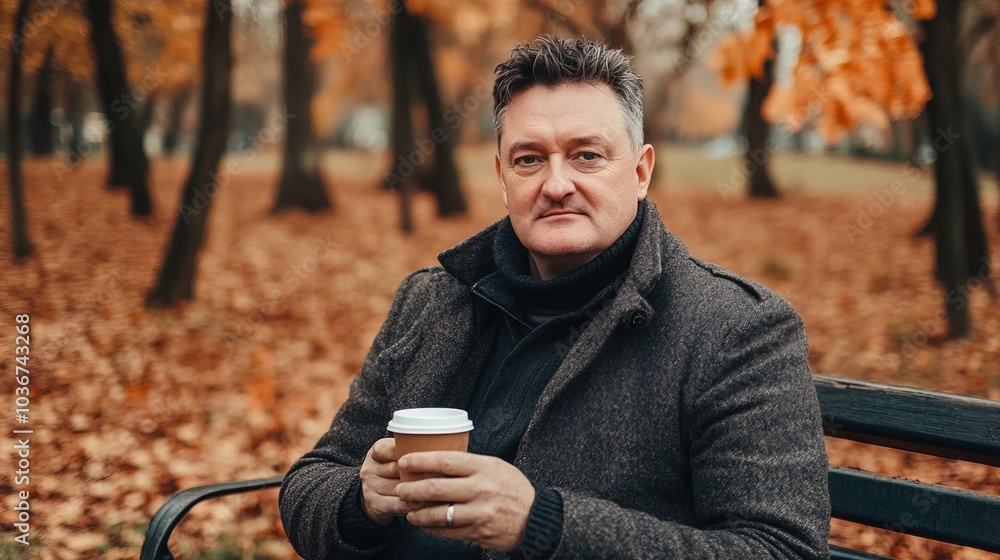 Middle-aged man with slight tremor holding cup of coffee on park bench, symbolizing struggle with Parkinson's disease, calm natural setting. Middle-aged man with slight tremor holding cup of coffee on park bench, symbolizing struggle with Parkinson's disease, calm natural setting.