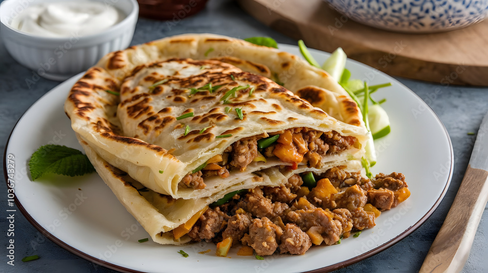 Saudi Murtabak: Stuffed flatbread filled with a savory mixture of minced meat, onions, and spices. Crispy on the outside, with flavorful filling spilling out, served hot with yogurt or salad on the si Saudi Murtabak: Stuffed flatbread filled with a savory mixture of minced meat, onions, and spices. Crispy on the outside, with flavorful filling spilling out, served hot with yogurt or salad on the si