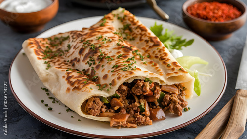 Saudi Murtabak: Stuffed flatbread filled with a savory mixture of minced meat, onions, and spices. Crispy on the outside, with flavorful filling spilling out, served hot with yogurt or salad on the si