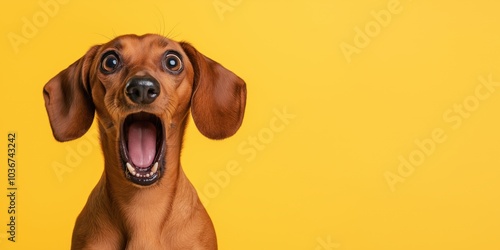 A Dachshund looking shocked with an exaggerated expression and open mouth.