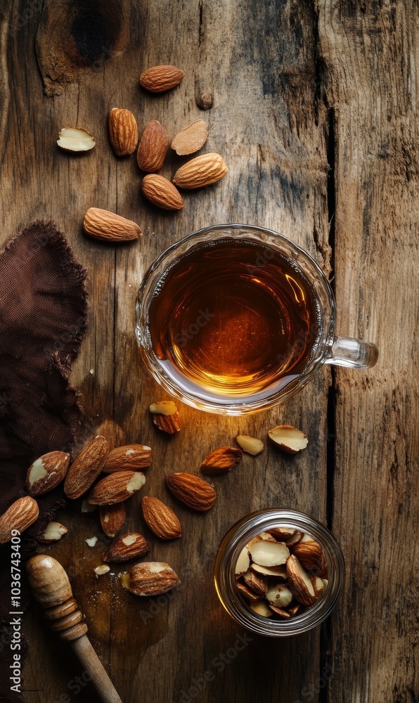 Almonds, honey, tea, rustic wood background. Almonds, honey, tea, rustic wood background.