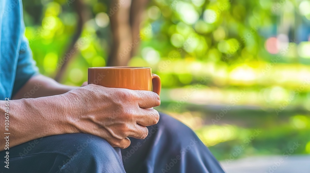 Middle-aged man with slight tremor holding cup of coffee on park bench, symbolizing struggle with Parkinson's disease, calm natural setting. Middle-aged man with slight tremor holding cup of coffee on park bench, symbolizing struggle with Parkinson's disease, calm natural setting.