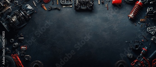 Mechanic's Workspace: Car Parts and Tools Overhead,Dark Industrial Background with Auto Parts and Maintenance Essentials
